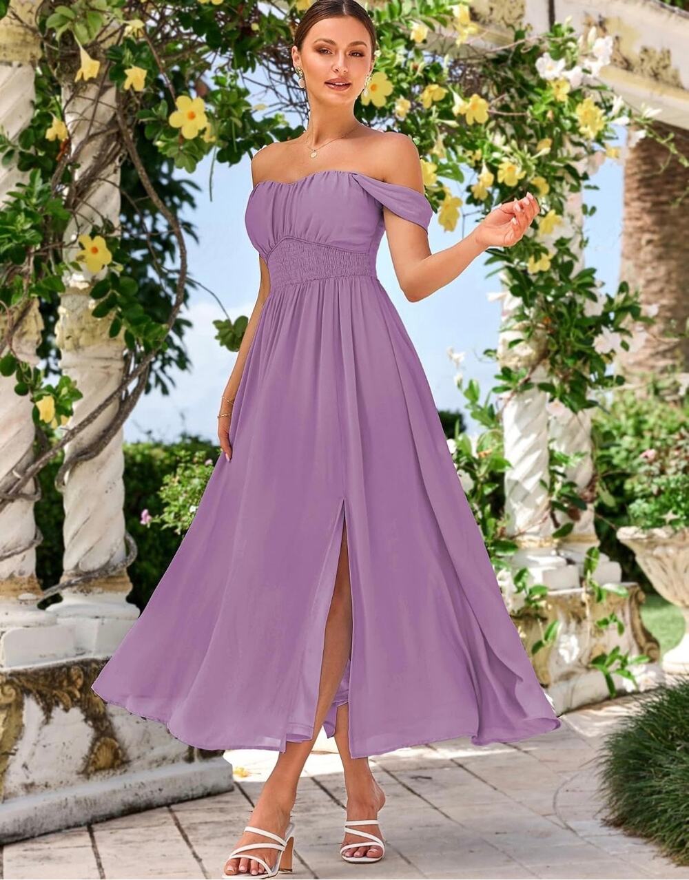 Women’s Summer Sleeveless Off Shoulder Solid Flowy A Line Maxi Dresses Lilac M